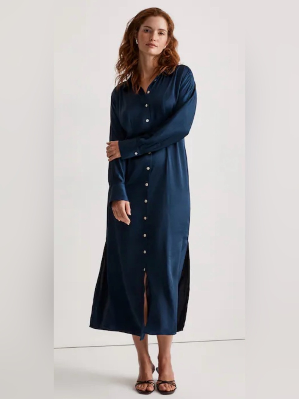 MADEWELL Size 8 Satin Button Down Midi ShirtDress CLASSIC INDIGO LONG SLEEVE
